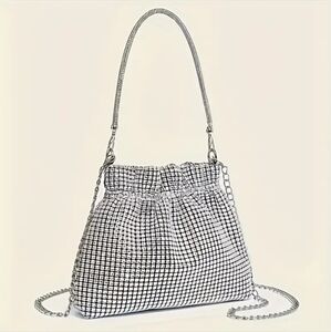 Glitter All Over Rhinestone Decor Satchel Bag, Drawstring Design Shiny Evening